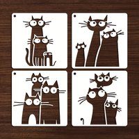 4Pcs Cute Cat Art Stencils, Reusable Cartoon Templates for DIY Craft Painting Scrapbook Decoration