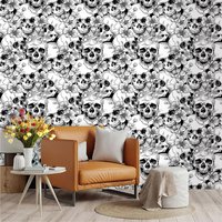 A roll of black and white skull-patterned cyclic wallpaper. The cyclic wallpaper is made of PVC material with adhesive on the