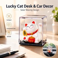 Solar Waving Lucky Cat Ornament for Car Dashboard, Maneki Neko Clear Box Desk Decor, Small Gift for Home Office Shelf Display