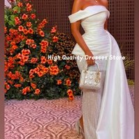 Prom Dresses White Off Shoulder Formal Gown Ruched Peplum Satin Top Sparkly Wedding Guest Banquet Dress Customized 