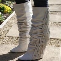 Fashion White Knee High Boots Fringe Wedge Height Increaing Winter Women Boots Top Brand Round Toe Female Motorcycle Tassel Boot