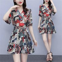 Set of Summer Fashion Lace-Up Dress and Shorts Set of Women's Slim Chiffon Shorts Two piece Set Pant Suits V-Neck Dress Print