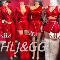 HLJ&GG Fashion Leather Solid Flare Pants Two Piece Sets Women Zipper Long Sleeve Crop Top And Skinny Pants Outfits Streetwear