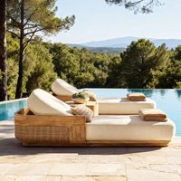 High End Rattan Teak Outdoor Daybed Outdoor Patio Furniture Chaise Lounge Chair All Weather Wood Outdoor Sun Lounger