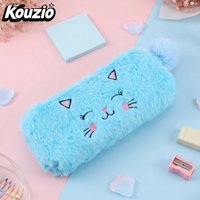 Cute Plush Cat Pencil Case Large Capacity Furry Pen Pouch Soft Zipper Stationery Organizer Bag with Pom Pom - KOUZIO