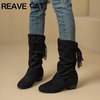 REAVE CAT Elegant Suede Women Mid Calf Boots Round Toe Lace Up Pleated 3.5cm Thick Heel Large Size 45 46 47 Dating Botas Autumn