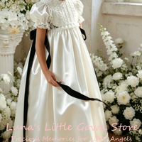 Customized White Satin Flower Girl Dress Floor Length Gown Puff Short Sleeve Vintage Lace Trim Black For First Communion