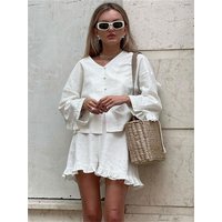 Tossy Ruffled Casual Outfits For Women High Waist Long Sleeve Shorts Two Piece Solid Knee Length Baggy Female Nightwear Outfits