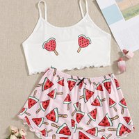 Summer New Comfortable Two-Piece Milk Silk Pink Printed Watermelon Suspender Sexy Women's Home Sleepwear Set