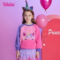 VIKITA Girls Fleece Sweatshirts Kids Autumn Winter Unicorn Cartoon Appliqued Casual Sports Outwear Children's Tops Pullover Tops