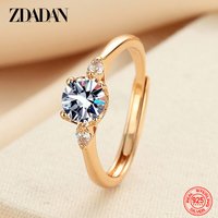 ZDADAN 925 Sterling Silver Rose Gold 5mm Zircon Adjustable Ring For Women Fashion Jewelry