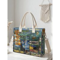 Van Gogh Paintings Print Corduroy Tote Bag Large Capacity Multi Pocket Commuter Shoulder Bag