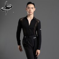 2026 New Long Sleeves Latin Dance T-shirt Boy's Practice Top Wear Men's Deep V Neckline Seethrough Design Charles Shirt