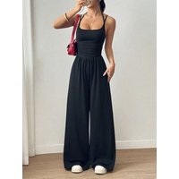 Women's Summer Black Casual Pleated Loose Straight-Leg Jumpsuit, Adjustable Halter Neck Tie