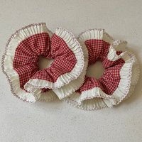 Scrunchies Red White Gingham Check, Ruffled Lace Trim Hair Scrunchies Cute Elegant Hair Accessories For Daily Styling & Parties