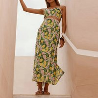 Ladies' Sleeveless Hollow Set Sexy Lace Lemon Printed Strap Top and Skirt Two Piece Set Beach Vacation Summer New Style Set