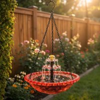 Outdoor Bird Bath W/Solar Fountain Pump & Glass Bowl Solar Wild Birds Feeder Cascade Hanging Feeding Station for Garden Courtyar