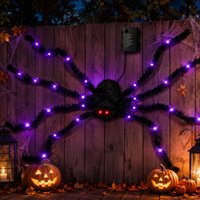 1 pièce Araignée géante lumineuse noire duveteuse pour Halloween, LED violette, alimentée par piles, 8 modes d'éclairage, pour décoration intérieure et extérieure de porche.