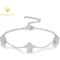 LinkerLove 925 Silver Four-Leaf Clover Moissanite Bracelet White Gold Plated Diamond Bangle for Women Wedding Party Fine Jewelry
