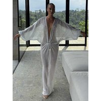 GACVGA Sexy See through Loose Maxi Dress Summer Shiny Sequins Deep V Neck Bat Sleeve Elegant Women Club Party Long Dress