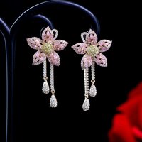 Pink Flower Drop Earrings For Women Gilr 925 Silver Needle Luxury Dangle Stud Earring Fine Jewelry Female Party Accessory