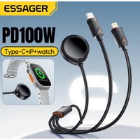 Essager 3 in 1 100W Multi USB C Charging Cable for Apple iWatch iPhone 16/15/14/13 Pro With Type C Lightning Fast Charging Cable