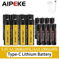 AIPEKE 1.5V Rechargeable batteries aa 2800mWh/1000mWh aaa rechargeable battery,USB-C Charging Reused 1200 Times For Alarm Clocks