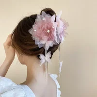 Pink Gauze Flowers Rhinestones Butterfly Long Fringe Shark Hair Claws Women Super Fairy Sweet Fashion Fairycore Accessories K