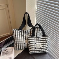 Black Heart-Shaped Grid Canvas Tote Bag, Large-Capacity Fashionable Shoulder Bag, Cute and Versatile Women's Commuter Handbag