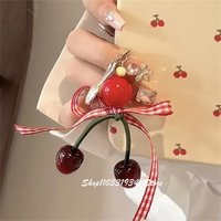 Korean Cute Red Bowknot 3D Cherry Beaded Phone Chain Charm Lanyard For iPhone Samsung Universal Anti-Loss Hanging Rope Jewelry