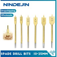 NINDEJIN 6pcs Woodworking Spade Drill High Speed Steel Titanium Coated Three Point Wood Drill Carpentry Tools 1/4 Hex Shank