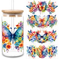 5 Sheets Butterfly UV DTF Cup Stickers, Glass DTF Transfer Stickers, Waterproof Beautiful Butterfly Wipe Transfer Paper for 16 o