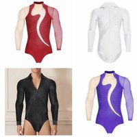 Men's Latin Dance Leotard Shirts Bodysuits Samba Salsa Tango Jumpsuit Shiny Rhinestone Modern Rumba Chacha Ballroom Dancewear