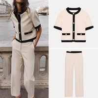 Spring 2026 Women's Fashion Set High Waist Straight Leg Pants Color Block Coat Short Sleeve round Neck Button up Cardigan