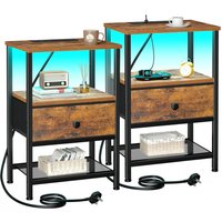 Bedside Table Set of 2 with Charging Station, Small Side Table with LED Lights, Nightstand with Fabric Drawer and Open Storage
