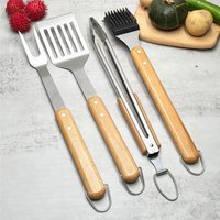 Stainless Steel Barbecue Tool Set Outdoors BBQ Beech Wood Handle Fork Shovel Clamp Brush Combined Grill