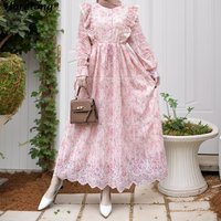 Hollow Out Heavy Embroidery Muslim Abaya 2026 New Floral Ruffle Lace Stand Collar Drawstring Waist Long Sleeve Modest Maxi Dress