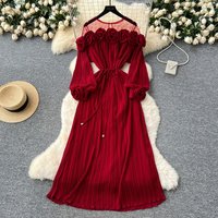 2025 New Fashion Heavy Industry Three Dimensional Flower Perspective Mesh Splicing Long Sleeve Waist Folding Dress for Women