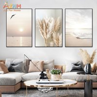3PCS Neutral Beach Sunset Pampas Grass Canvas Wall Art Set Boho Coastal Prints Unframed Home Decor Posters