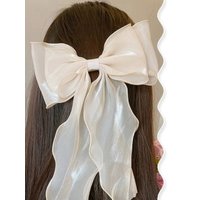 1pc Off - White Mesh Ribbon Bow with Tail Spring, Elegant and Sweet Hairpin, Cute Style, Valentine's Day Gift.