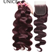 UNICE Hair Black Cherry Body Wave Human Hair 2/3/4 Bundles With 4x4 Lace Closure