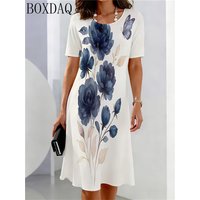 Fashionable and Elegant Summer Women's Round Neck Short Sleeved Flower Printed Loose A-Line Dress