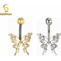 Beautiful Crystal Zircon Butterfly Navel Ring Pendant 14G Titanium Bar Belly Button Piercing Women Yoga Body Jewelry Accessories