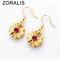 18K Gold Red Zircon Crystal Sunflower Drop Earrings for Women Party Engagement Wedding Fashion Jewelry Gifts
