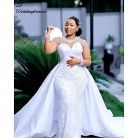 Customized African O Neck Shinny Pearls Beads Mermaid Wedding Dress for Bride Long Sleeves Bridal Gown with Removable Skirt