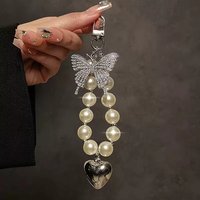 INS Butterfly Pearl Beaded Keychain Bracelet Lanyard Phone Charm For iPhone Samsung Cute Love Heart Camera Anti-Lost Wrist Strap