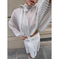 HH Woman Summer Fashion Long Sleeves Bow Decoration Shirt+ Polka Dots Pleated Decoration Long Skirt Female Casual Two Piece Set