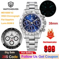 Watchdives WD16500 V2 Men's Watch VK63 Quartz Movement Chronograph Watches Sapphire Crystal 36L Stainless Steel 10Bar Dive Watch