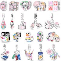Classic 925 Sterling Silver Painted Pattern Duck Beads & Hourglass Dangle Charm Fits Boutique Bracelet Colorful Pendant Gifts