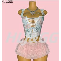 HLJ&GG Y2K Sexy Print Bandage Slim Vest Two Piece Sets Women Sleeveless Backless Crop Top And Ruffle Mini Skirts Outfits Fashion